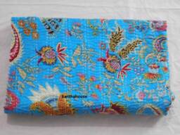 Indian Kantha Quilt Turquoise Floral Cotton Bedspread, Queen Size
