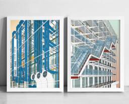 Centre Pompidou Art Print Set - Paris Modern Architecture Graphic Illustration Abstract Minimalist Beaubourg Gallery Wall - thumbnail 1