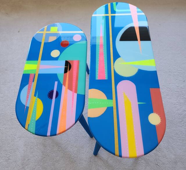 Painted Blue Resin Side Coffee Tables, Handmade Eclectic Boho Epoxy Art Design - image 1