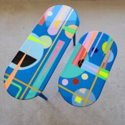 Painted Blue Resin Side Coffee Tables, Handmade Eclectic Boho Epoxy Art Design - thumbnail 2