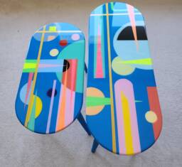 Painted Blue Resin Side Coffee Tables, Handmade Eclectic Boho Epoxy Art Design