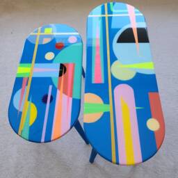 Painted Blue Resin Side Coffee Tables, Handmade Eclectic Boho Epoxy Art Design - thumbnail 3