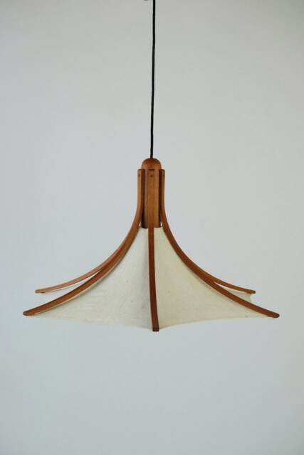 1 Of 2 Domus Teak Wood Lamp Midcentury With Leinen Cover Lights Chandelier, Boho, Scandi, Japandi Style Lighting, Vintage Furniture - image 1