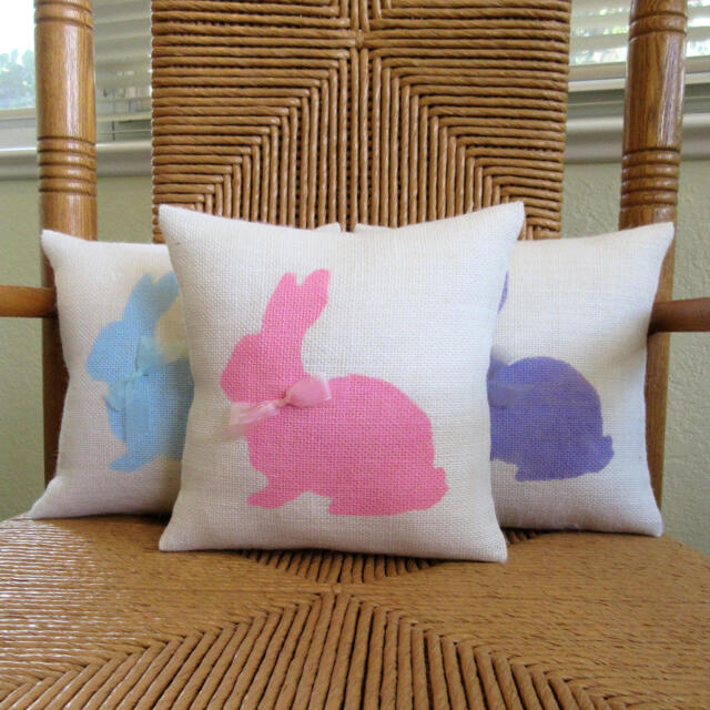 Burlap Easter Bunny Pillow Spring Stenciled Decoration - image 1