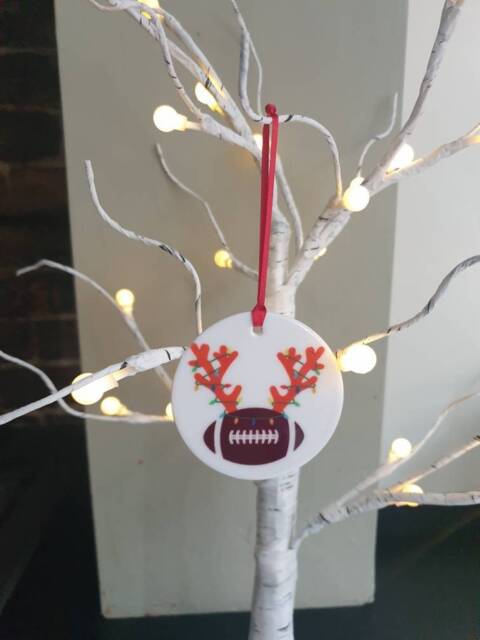 American Football With Antlers & Christmas Lights Ceramic Tree Decoration - image 1