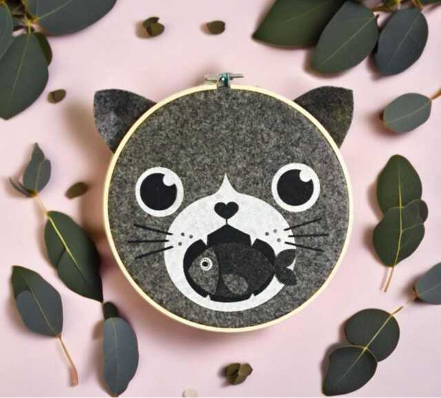 Handprinted Cat Wall Art - Black & White Wool Hoop Decoration - image 1