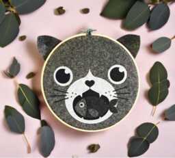 Handprinted Cat Wall Art - Black & White Wool Hoop Decoration