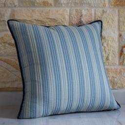 Blue Pillow Cover, Floral Anaglyph, Leaves, Flowers, Cream Gold Motif, Beige, Navy Cord Trim, Stripped Backside, 18x18 - thumbnail 2