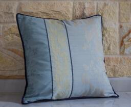 Blue Pillow Cover, Floral Anaglyph, Leaves, Flowers, Cream Gold Motif, Beige, Navy Cord Trim, Stripped Backside, 18x18