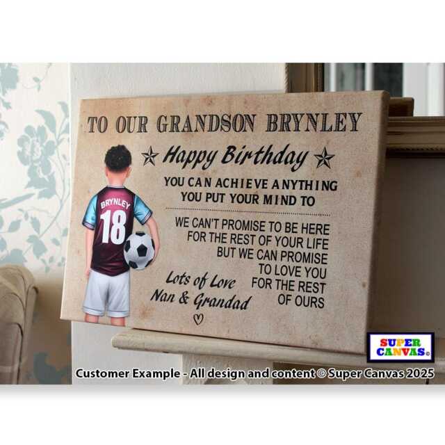 Happy Birthday Grandson Football Theme Customisable Word Art Footballer Picture Framed Canvas Print Gift Present - image 1