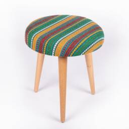 Ottoman Foot Stool, Round Handmade Kilim Solid Wood Authentic Oriental Upholstered Seat/Chair Home - thumbnail 2