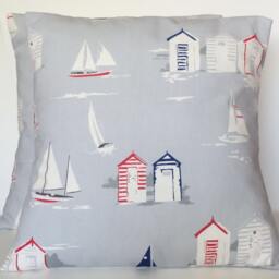 2 X Clarke & Coastal Seaside Beach Huts Silver Grey Red Blue Cushion Covers - thumbnail 2