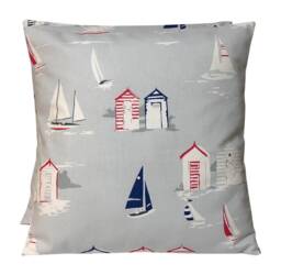 2 X Clarke & Coastal Seaside Beach Huts Silver Grey Red Blue Cushion Covers - thumbnail 1