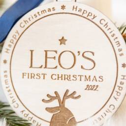 Baby's First Christmas , Xmas Tree Ornament With Raindeer, Personalized Wooden Family Bauble Our Christmas, Keepsake For Baby - thumbnail 3