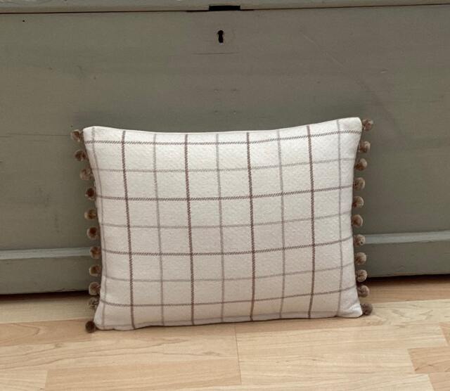 Handmade Bamburgh Tartan Plaid Cushion Cover Beige Pom Trim Pillow - image 1