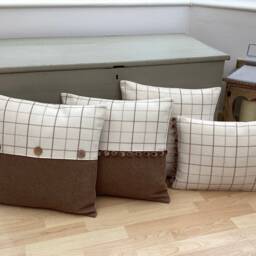 Handmade Bamburgh Tartan Plaid Cushion Cover Beige Pom Trim Pillow - thumbnail 2
