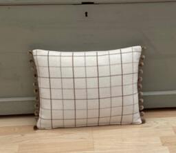 Handmade Bamburgh Tartan Plaid Cushion Cover Beige Pom Trim Pillow - thumbnail 1