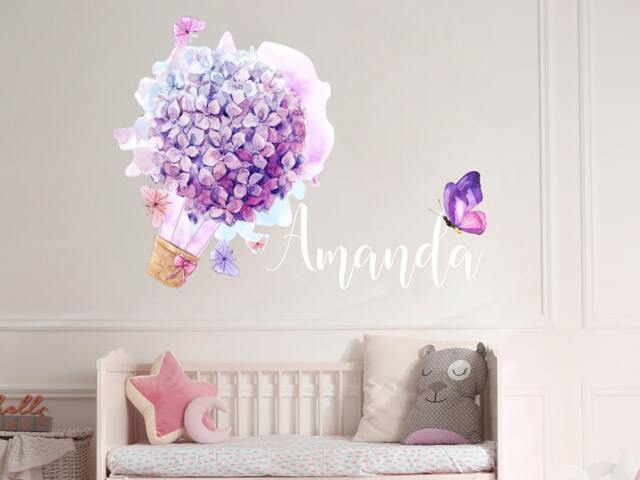Hydrangeas Lilac Ball/Custom Name Watercolor Wall Decals Baby Print With Purple Flowers Girl Nursery Stickers Kids Decor R162