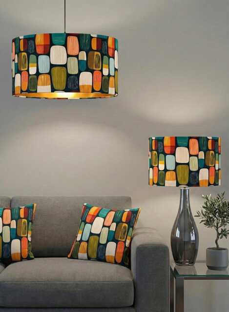 Handmade By Order Orange Teal Retro Geometric Abstract Print Velvet Drum Lamp Shade Pendant Light All Shapes & Sizes Avail - image 1