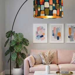 Handmade By Order Orange Teal Retro Geometric Abstract Print Velvet Drum Lamp Shade Pendant Light All Shapes & Sizes Avail - thumbnail 2