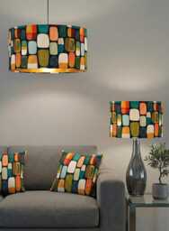 Handmade By Order Orange Teal Retro Geometric Abstract Print Velvet Drum Lamp Shade Pendant Light All Shapes & Sizes Avail
