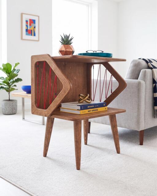 Handmade Mid Century Modern Record Player Stand, Retro Vinyl Storage Cabinet, Geometric Turntable Console, Walnut Media Unit - image 1