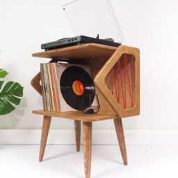 Handmade Mid Century Modern Record Player Stand, Retro Vinyl Storage Cabinet, Geometric Turntable Console, Walnut Media Unit - thumbnail 4