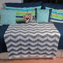 Crocheted Baby Blanket/Afghan - Gray & White Chevron Gender Neutral Boy Or Girl - thumbnail 2