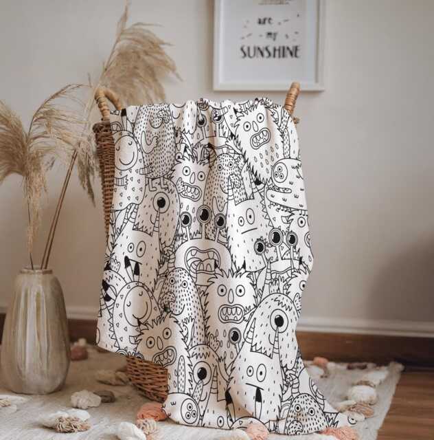 Monsters - Doodles, Sherpa Fleece Blanket, Decor, Kids Bedding, Blankets, Children's Room, Halloween Monsters, Line Doodle Blanket - image 1