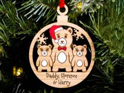 Single Dad Family Christmas Tree Decoration, Bears, Personalised Engraved Bauble, Secret Santa Stocking, 2 Children Kids Son Daughter Daddy