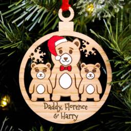 Single Dad Family Christmas Tree Decoration, Bears, Personalised Engraved Bauble, Secret Santa Stocking, 2 Children Kids Son Daughter Daddy - thumbnail 2