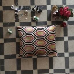 Handwoven Ikat Velvet Pillow Cover Rose Gold Honeycomb Silk Throw - thumbnail 4
