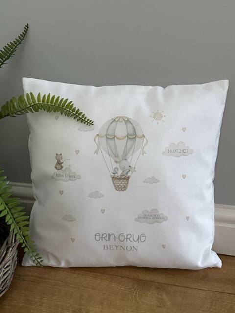 Personalised New Baby Cushion Keepsake - Hot Air Balloon Details Name, Date & Weight Nursery Decoration Gift - image 1