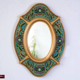 "Turquoise Oval Wall Mirror With Gold Color Wood Frame, Peruvian Ornate Accent ""Treasure Andean" - thumbnail 3