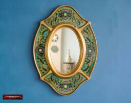 "Turquoise Oval Wall Mirror With Gold Color Wood Frame, Peruvian Ornate Accent ""Treasure Andean"