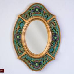 "Turquoise Oval Wall Mirror With Gold Color Wood Frame, Peruvian Ornate Accent ""Treasure Andean" - thumbnail 2