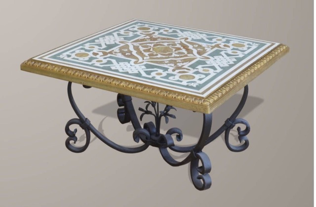 Scagliola Art Coffee Table, Wrought Iron Base & Italian Inlay Table - image 1