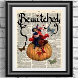 Bewitched Witch & Cat Art Print Vintage Dictionary Page Halloween Decor - thumbnail 1