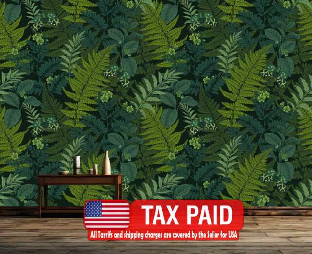 Fern Leaves & Night Butterflies Wallpaper Mural, Peel Stick Decal - image 1