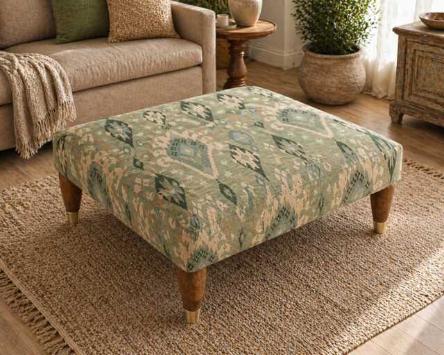 Handmade Ottoman Coffee Table Bench - Antique Moroccan Tribal Fabric Sage Green - image 1