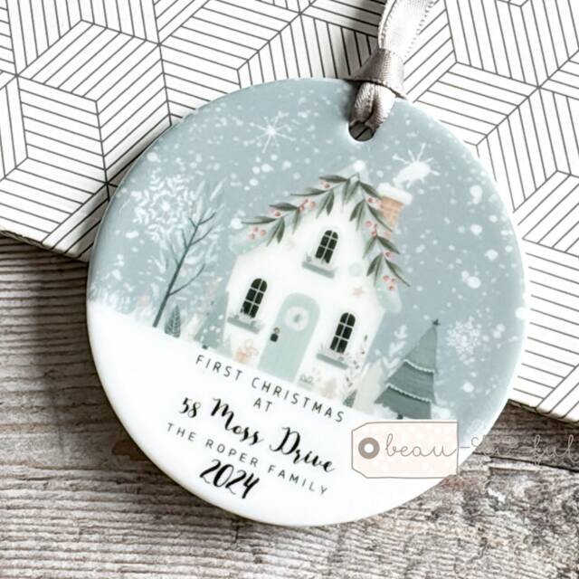 Personalised First Christmas Gift At Address in New Home House Home Design Acrylic Or Ceramic Round Ornament Keepsake - image 1