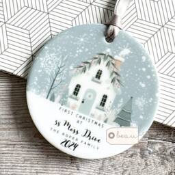 Personalised First Christmas Gift At Address in New Home House Home Design Acrylic Or Ceramic Round Ornament Keepsake