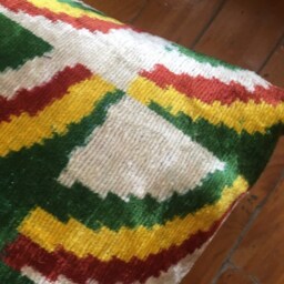 Handwoven Ikat Velvet Pillow Cover Green, Orange, Yellow Silk Cushion - thumbnail 3