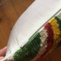 Handwoven Ikat Velvet Pillow Cover Green, Orange, Yellow Silk Cushion - thumbnail 2