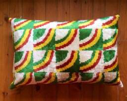 Handwoven Ikat Velvet Pillow Cover Green, Orange, Yellow Silk Cushion - thumbnail 1