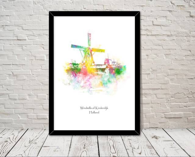 Holland Windmills Of Kinderdijk Landmarks Watercolour Illustration Print World Attractions Famous Travel Poster Historical Sites
