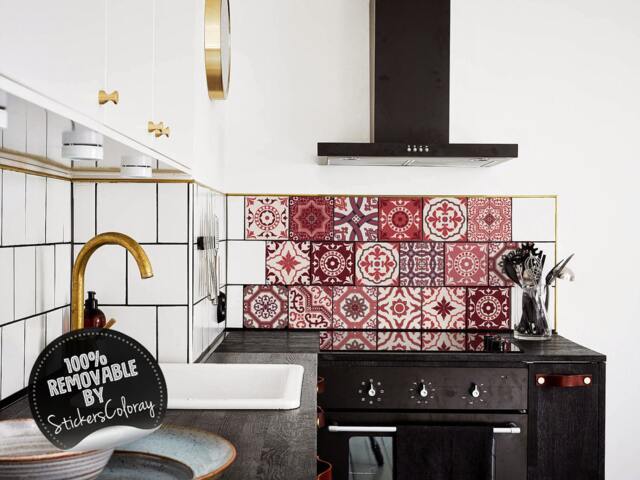 Talavera, Tile Stickers, Spanish, Pack Of 24, Decals, Ethnic, Decorative, Maroon, Burgundy, Backsplash Decal, Removable #1T - image 1