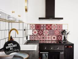 Talavera, Tile Stickers, Spanish, Pack Of 24, Decals, Ethnic, Decorative, Maroon, Burgundy, Backsplash Decal, Removable #1T - thumbnail 1