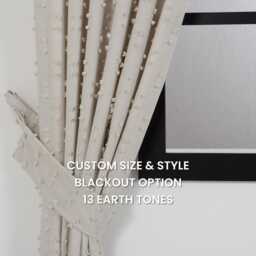 Off White Pom Curtains - Custom Linen Look Drapes With Blackout Option - thumbnail 1