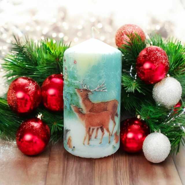 Hand-Decorated Winter Deer Candle Rustic Snowy Forest Decor - 16cm Tall - image 1